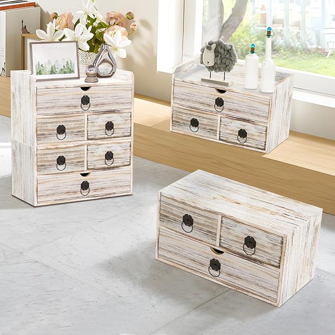 Vintage Wood Desk Organizer, Small Desk Organizer with Drawers, Tabletop Storage Organization Box for Office Home Toiletries Supplies, No Assembly Required (3 Drawer)