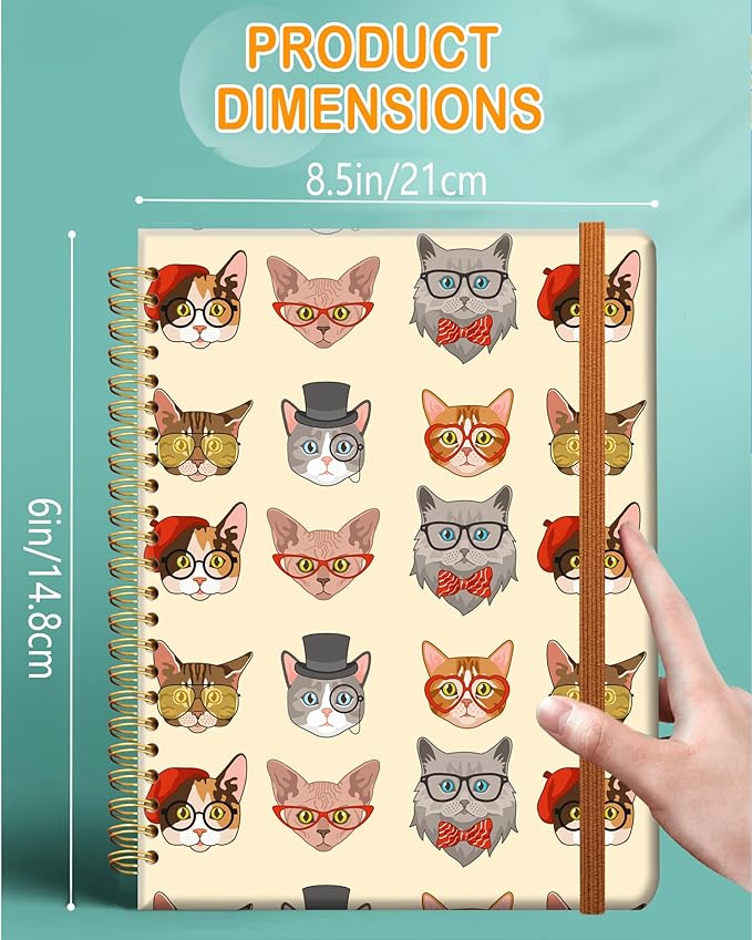Ruled Spiral Writing Notebook,A5 Hardcover Lined College Journal for Women,Strong Twin-Wire Binding with Premium Paper,8.4" X 6",Perfect for School,Office,Home(Cute Funny Cats)