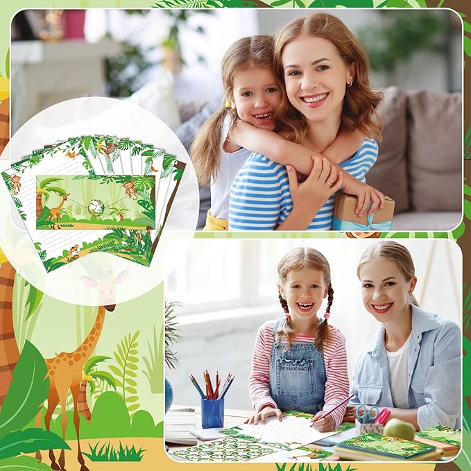 TaoBary 160 Packs Stationery Paper Set (50 Double Sided Stationery Writing Papers 50 Matching Envelopes) 60 Round Dot Sticker, 10 Design(Safari Animal,8.5 x 11 Inch)