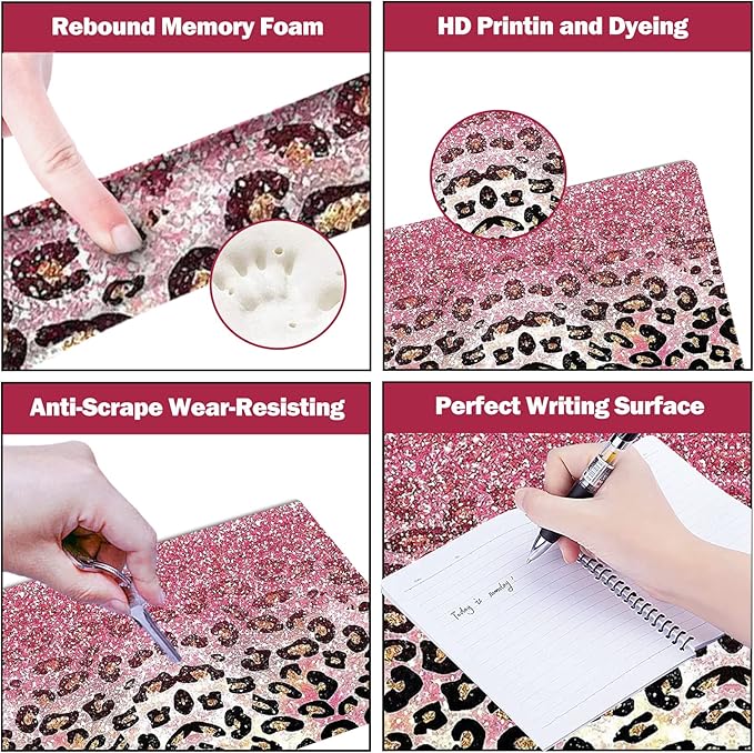ARTSO Extended Gaming Mouse Pad Set, Keyboard Wrist Rest Support Pad + Wrist Cushion + XXL Large Mouse Pad + Coaster, Stitched Edge, Non-Slip, Memory Foam Desk Mat, Pink Leopard Print