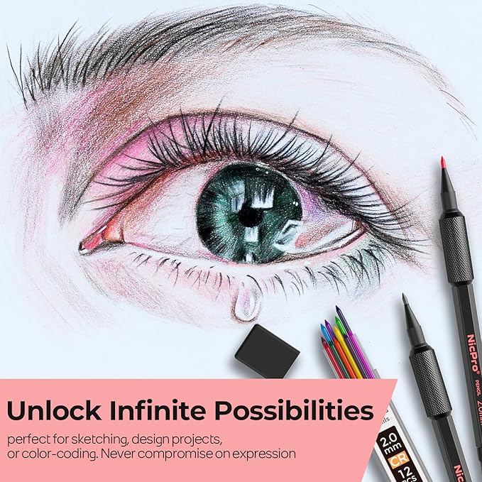 Nicpro Metal Mechanical Pencil Set, 3PCS Art Drafting Pencil 0.5, 0.7, 0.9MM & 2PCS 2MM Mechanical Drawing Pencils with 126 Lead(4B 2B HB 2H 4H Color) Weatherproof Barrel for Writing Sketching Drawing