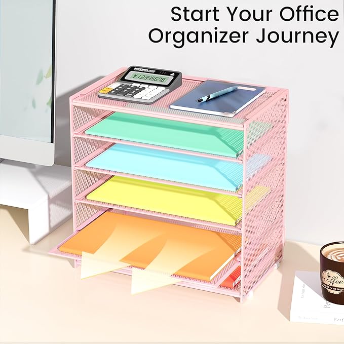 2 Pack 6 Tier Paper Organizer, Metal Mesh Desk File Folder, Letter Tray Organizer, Paper Sorter Desk Organizers for Office, Home or School File Folder Holder - Pink (Pink-2pack)