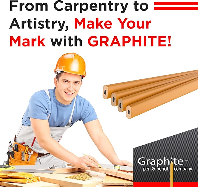GRAPHITE Hard Lead Carpenter Pencils Bulk - (1) Pack of 12 Pieces Lumber Wooden Pencil #2 (HB) - Yellow