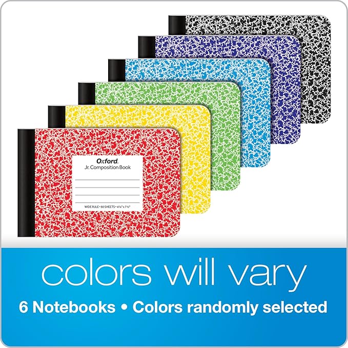 Oxford Composition Mini Notebooks, 6 Pack, Cover Colors Vary, Wide Ruled Paper, 4-7/8 x 7-1/2 Inch School Journals, Assorted Color Covers, 80 Sheets per Book (63779)
