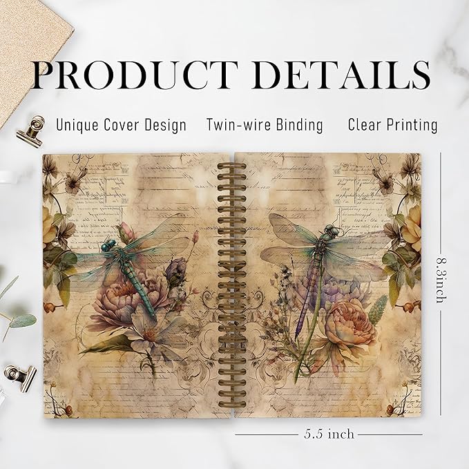 Dragonfly Spiral Notebook, Dragonfly Gifts for Women, Dragon Fly Journal Notebook, Vintage Dragonfly Notebooks for School Work, Dragonfly Floral Office Supplies Gifts for Women Men, 5.5x8.3 Inch
