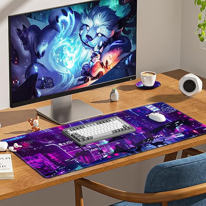 Anime Neon Large Mouse Pad and Keyboard Wrist Rest,Purple Extended Mouse Pad with Wrist Support Ergonomic, Non-Slip Desk Mat, Desk Protector Blotter for Home Office, Warrior Cat