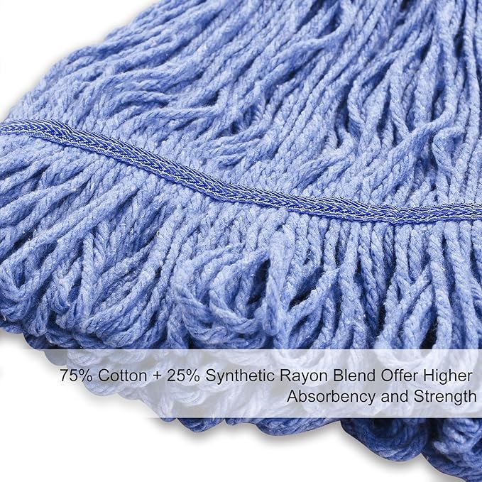 Mop Head Replacement for Heavy Duty Commercial Mops for Floor Cleaning, Wet Industrial Blue Cotton Looped End String Head Refill (Pack of 4)