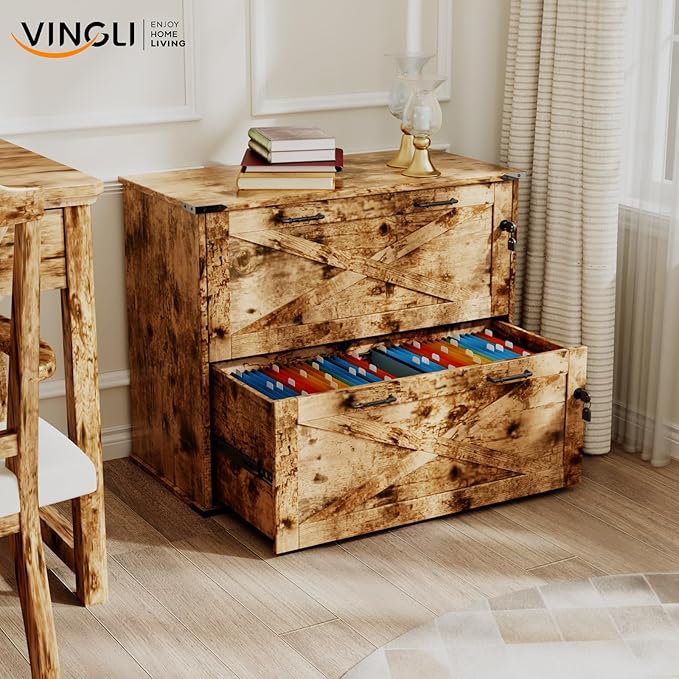 VINGLI 2 Drawer File Cabinet with Lock, Home Office Filing Organizer, for Letter Legal A4 Size File Folder Storage, Modern Farmhouse, Wood Lateral Filing Cabinet, Archivador (Rustic Brown)