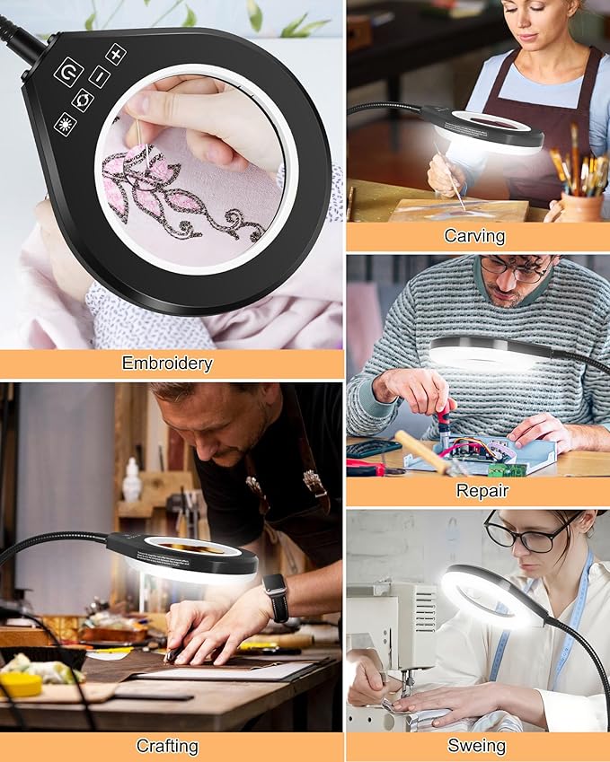 Flexible Gooseneck 2-in-1 Magnifying Glass with Light and Stand,10x & 5x Real Glass Lens Magnifying Lamp, 5 Color Stepless Hands-Free LED Desk Lamp with Clamp for Painting, Crafts, Reading (White)