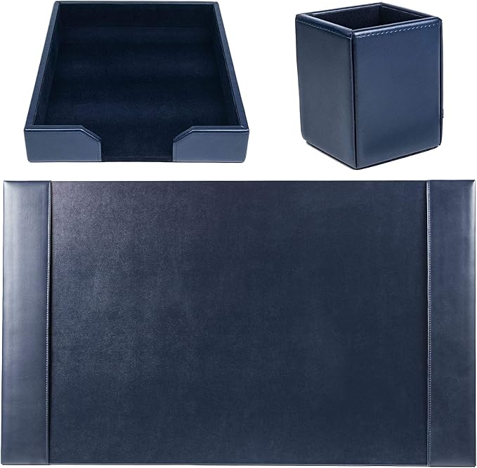 DACASSO Bonded Leather Desk Set - Luxury Leather Desk Pad & Desk Organization Essentials (Navy Blue, 3 Piece)