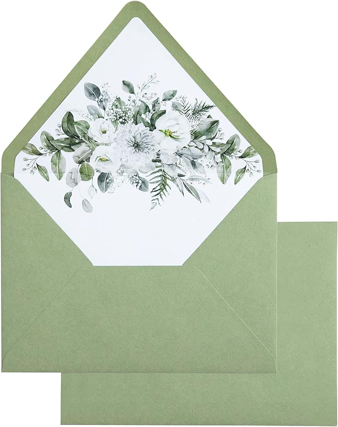 PONATIA 50PCS A7 Euro Flap Envelopes, 5.25 x 7.25'' Sage Green Flowers Liner Envelope for Wedding Invitations, Photos, Postcards, Greeting Cards, Christmas Gift, Acrylic Mailing, 5 x 7 Envelopes