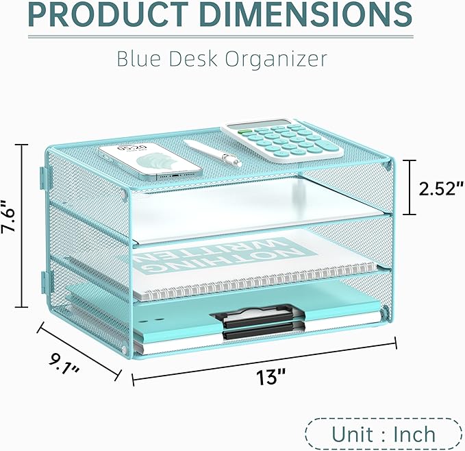 DALTACK 3 Tier Letter Tray Paper Organizer Mesh Metal Desk File Organizer for Home & Office, Light Blue