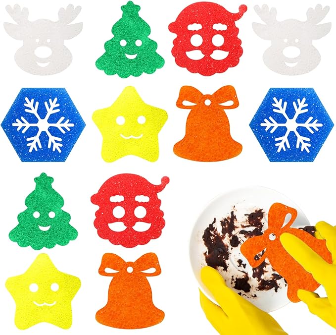 12 Pack Christmas Sponges Christmas Kitchen Decor Christmas Cleaning Sponges Cute Kitchen Scrub Sponges Christmas Tree Non Scratch Temperature Sensitive Scrubbing,Dish Pots and Pans Dishwashing.