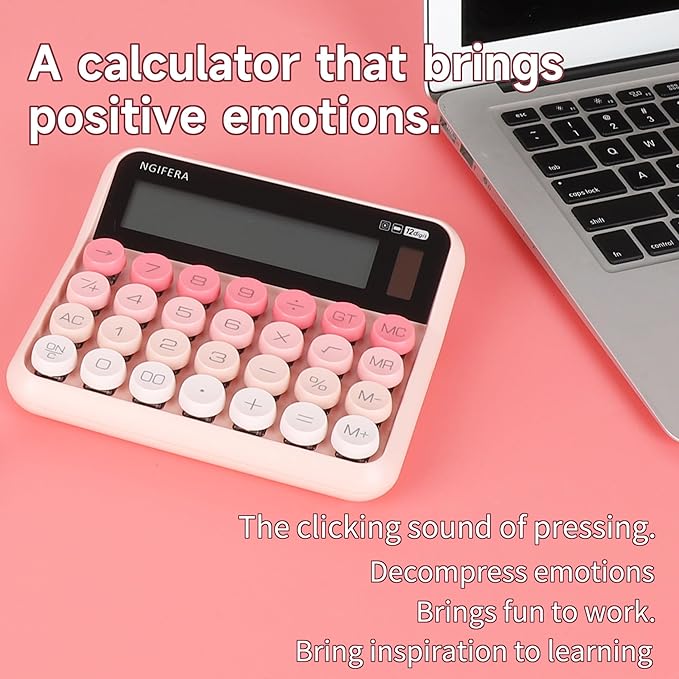 Mechanical Calculator,12 Digits, Large LCD Display,Big Buttons,Solar and Battery Dual Power Mechanical Keyboard Desktop Pink Calculators,Cute and Aesthetic (Pink, Large)