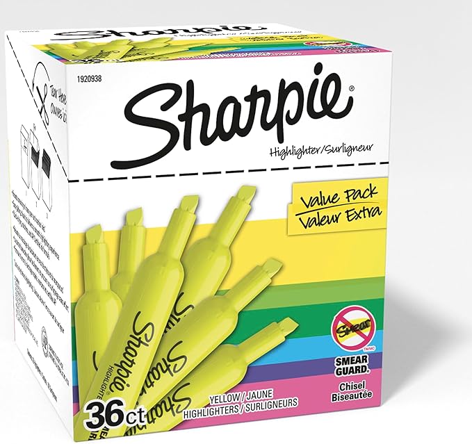 Sharpie Tank Style Highlighters Chisel Tip Fluorescent Yellow 36 Count