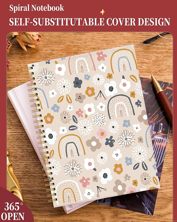 Spiral Journal Notebook for Women,A5 College Ruled Notebooks 6"x 8.4", 120 Pages Lined Journal with Premium Thick Paper,Perfect for School Office Home Gifts(cute floral rainbow)