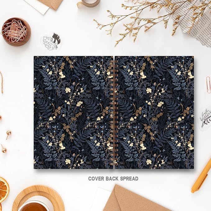 Vintage Blue Floral Notebook, Dark Cottagecore Wildflower Plants Journal, Vintage Fern Herb Leaf Botanical Floral Journal for Writing, Spiral Notebook 5.5x8.3 Inch
