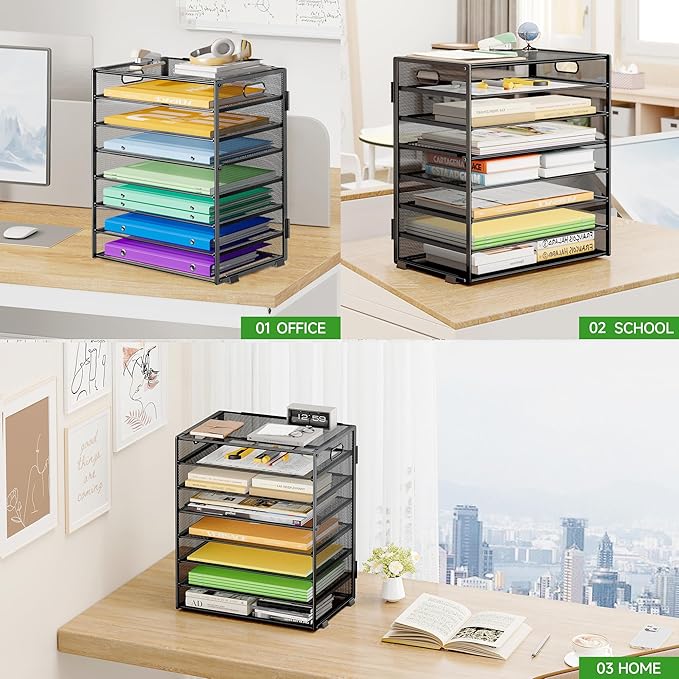 8 Tier Paper Organizer with Handle, Metal Mesh Desk File Organizer, Large Capacity Desk Organizers Paper Letter Tray Desktop Document Sorter for Office, Home or School - Black