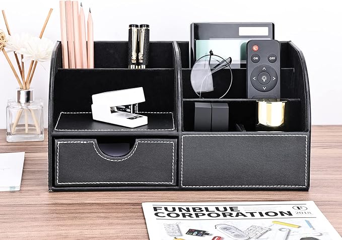 KINGFOM Pu Leather Desk Organizer Pen Pencil Holder Office Supplies Caddy Storage Box 6 Compartments with Drawer Black