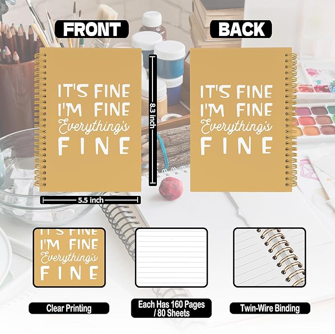 XPH Funny Yellow Spiral Notebook, It's Fine I'm Everything Is Fine Journaling Notebooks for Women Men, Humorous Hardcover Journals for Office 160 Pages 5.5 x 8.3 Inch, Sarcastic Gifts for Coworkers