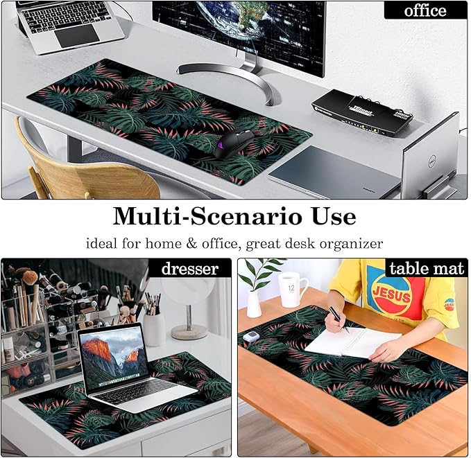 Gaming Flowers Plants Background Pattern Desk Mat Black Background Large Extended XXL Non-Slip Laptop Computer Mouse Pad (31.5" x 15.7")