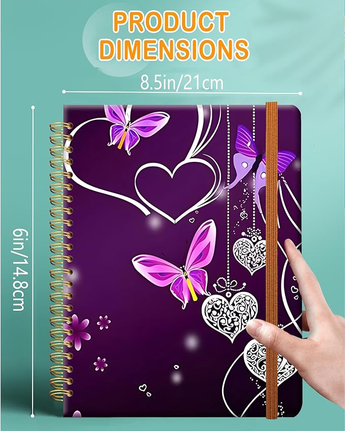 Ruled Spiral Writing Notebook,A5 Hardcover Lined College Journal for Women,Strong Twin-Wire Binding with Premium Paper,8.4" X 6",Perfect for School,Office,Home(Purple Heart Butterfly)
