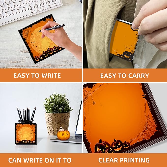 16 Pieces Halloween Sticky Note Halloween Note Pads with Spider Pumpkin Bat 480 Pieces of Self Adhesive Removable Memo Pads, 30 Sheets Each for Halloween School Office Home Students Teacher Presents