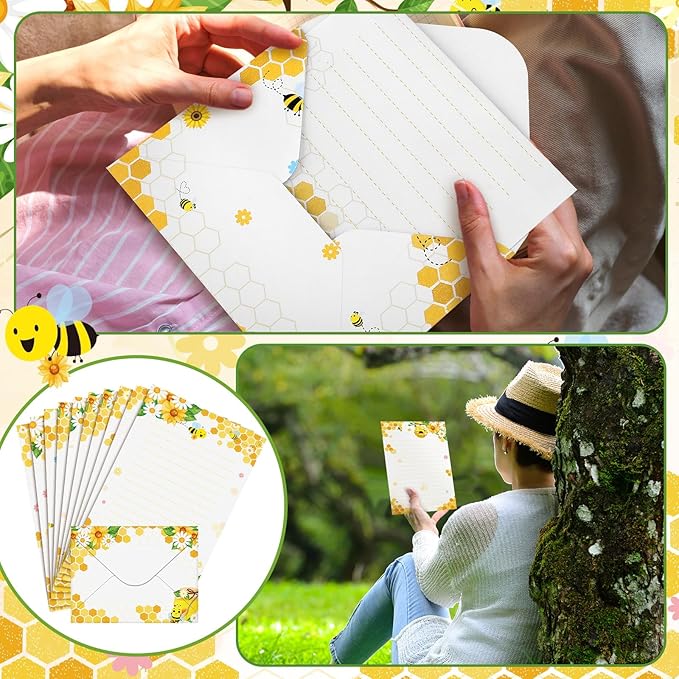 TaoBary 160 Pcs Stationery Paper Set 50 Double Sided Stationery Papers with 50 Matching Envelopes and 60 Round Dot Sticker, 10 Design(Bee,8.25 x5.5 Inch)