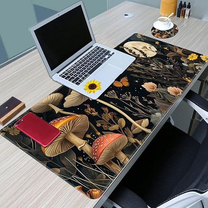 Desk Mat Large Gaming Mouse Pad (31.5x11.8 inch) with Stitched Edges, XL Mouse Pad +Coaster, Extended Mouse Mat Keybroad Mousepad Non-Slip Rubber for Gamer Men Women, Autumn Mushrooms Moon