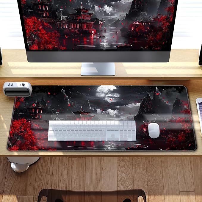 Japanese Riverside Full Moon Desk Mat Large Mouse Pad Gaming Mousepad Extended XL Keyboard Mat Computer Laptop Mouse Desktop Mat 31.5 X 11.8 Desk Decor