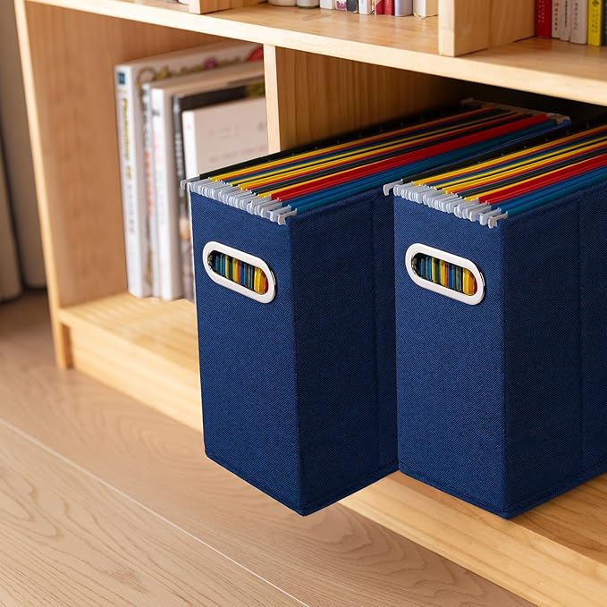 4 Packs Letter Size File Organizer, File Folders Organizer, Fabric Storage Box, Collapsible Paper Organizer with Metal Handle, Smooth PVC Rails, Only Box (Blue)