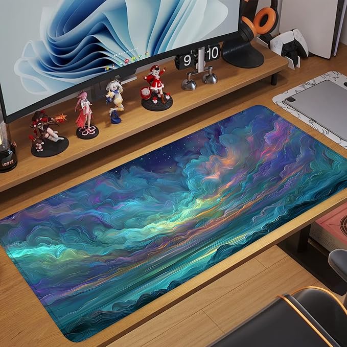 Starry Night Ocean Waves Mouse Pad – Large 31.5" x 11.8" Abstract Seascape Desk Mat with Vibrant Blue, Green & Purple Waves and Starry Sky, Non-Slip Rubber Base, Smooth Surface for Gaming & Office