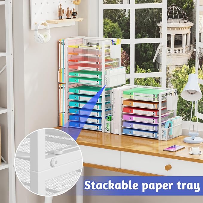 Simple Trending 6 Tier Desk File Organizer, Paper Letter Tray Organizer with File Holder and Pen Container, White