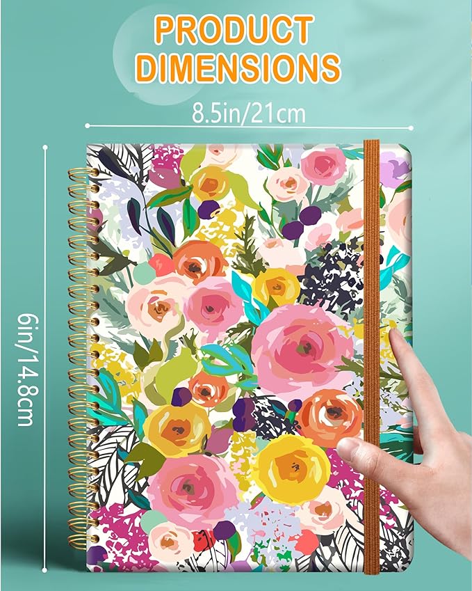 Ruled Spiral Writing Notebook,A5 Hardcover Lined College Journal for Women,Strong Twin-Wire Binding with Premium Paper,8.4" X 6",Perfect for School,Office,Home(Colorful Floral)