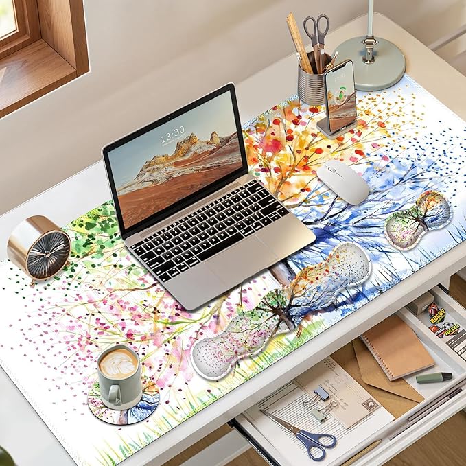 Desk Mat Gaming Mouse Pad, Cute Desk Matt Keyboard Wrist Rest for Desktop, Anti-Slip Big Mousepad Stitched Edges, XXL Large Mouse Pad with Wrist Support for Home Office Computer I Tree of Life