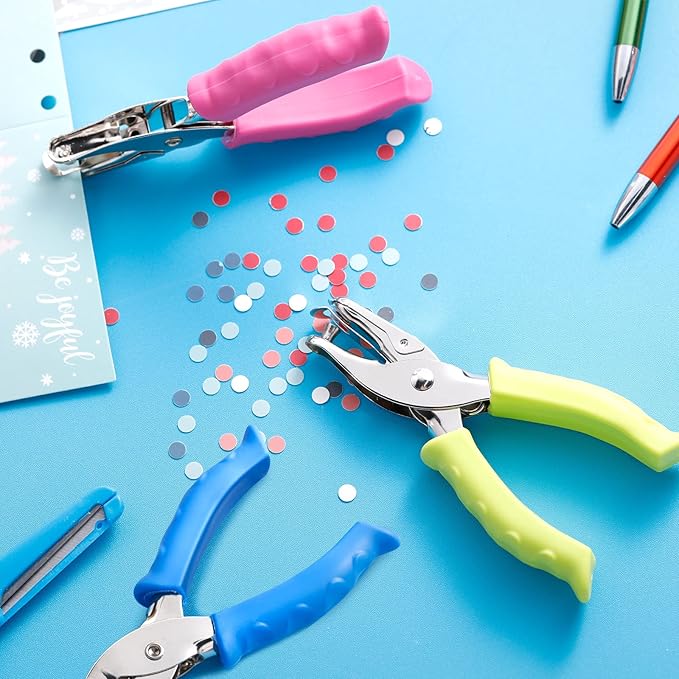 Chumia 12 Pieces Single Hole Punch Handheld 1/4 Inch Hole Paper Punch with Grip Handles Circle Single Shape Puncher for Craft Paper Greeting Cards Scrapbook Notebook(Multicolor)