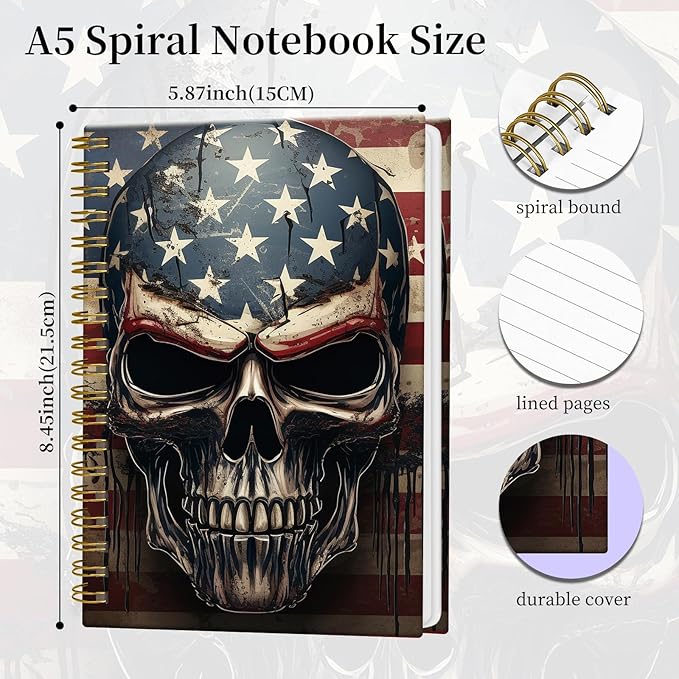Spiral Notebook Journal for Women Men, A5 Hardcover Journal, 120 Pages Thick Paper, College Ruled Writing Notebook for School, Work & Office 8.3'' × 5.9''(Skull American Flag)