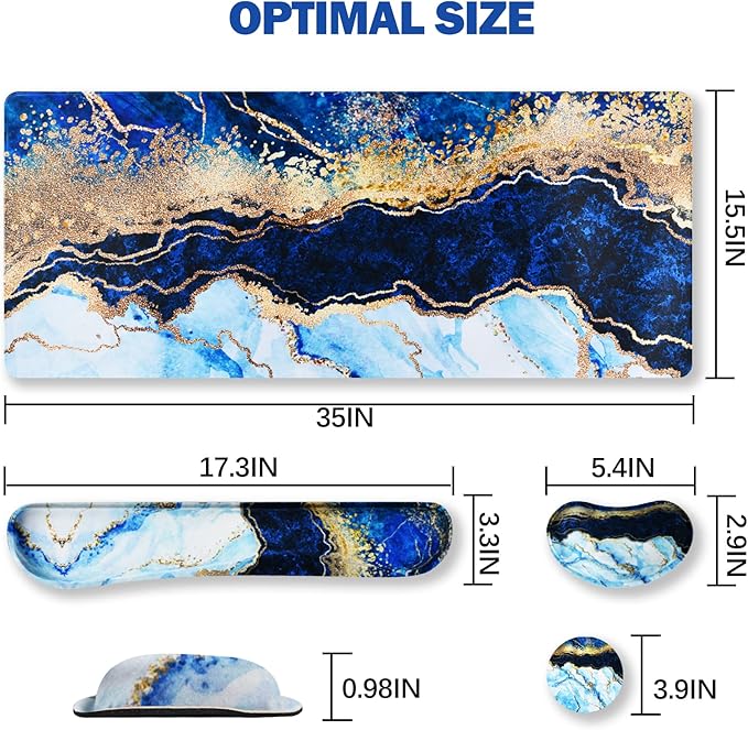 ARTSO Large Gaming Mouse Pad, Keyboard Wrist Rest Pad & Wrist Support Mousepad Set, Stitched Edge, Extended, Non-Slip Base, Memory Foam,Multifunctional Desk Mat 4pcs for Office & Home, Blue Marble