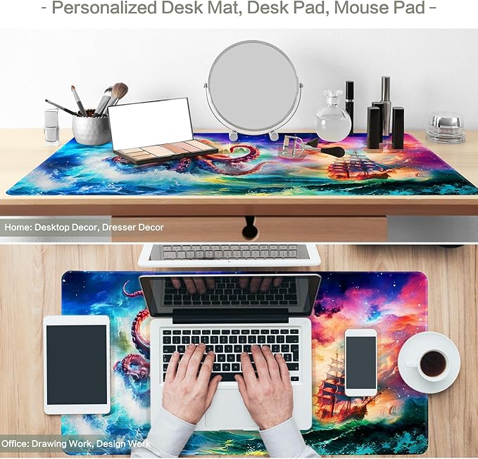 Vimorco Large Gaming Mouse Pad, Large Desk Pad Big Computer Mat Mousepad, Desk Mat Laptop Keyboard Mouse Mat for Game/Office/Home/Work 31.2x15.6 in, Octopus Monster Sailing Adventure