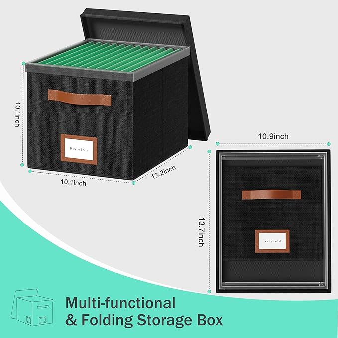 File Box for Hanging, File Organizer Box with Lid Decorative File Folders Letter Size Organizer with One-Piece Integrated Plastic Slide Rail (Black, 13.2x10.1x10.1inch(3pack))