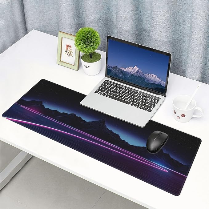 Neon Star Mountains Large Mouse Pad, Gaming Desk Mat, XL Keyboard Desk Pad Mat for Desktop, 31.5"x11.8" Non-Slip Base Big Mousepad with Stitched Edges