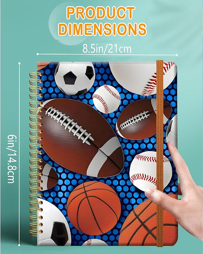 Ruled Spiral Writing Notebook,A5 Hardcover Lined College Journal for Women,Strong Twin-Wire Binding with Premium Paper,8.4" X 6",Perfect for School,Office,Home(Sport Baseball Football)