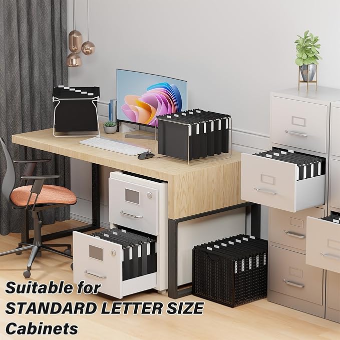 Ansook Extra Capacity Plastic Hanging File Folders,1" Expanding Accordian Pocket,Heavy Duty for Filing Cabinet, Hard and Durable Hang Folders,Insertable Tabs,Letter Size,Black- 12 Pack