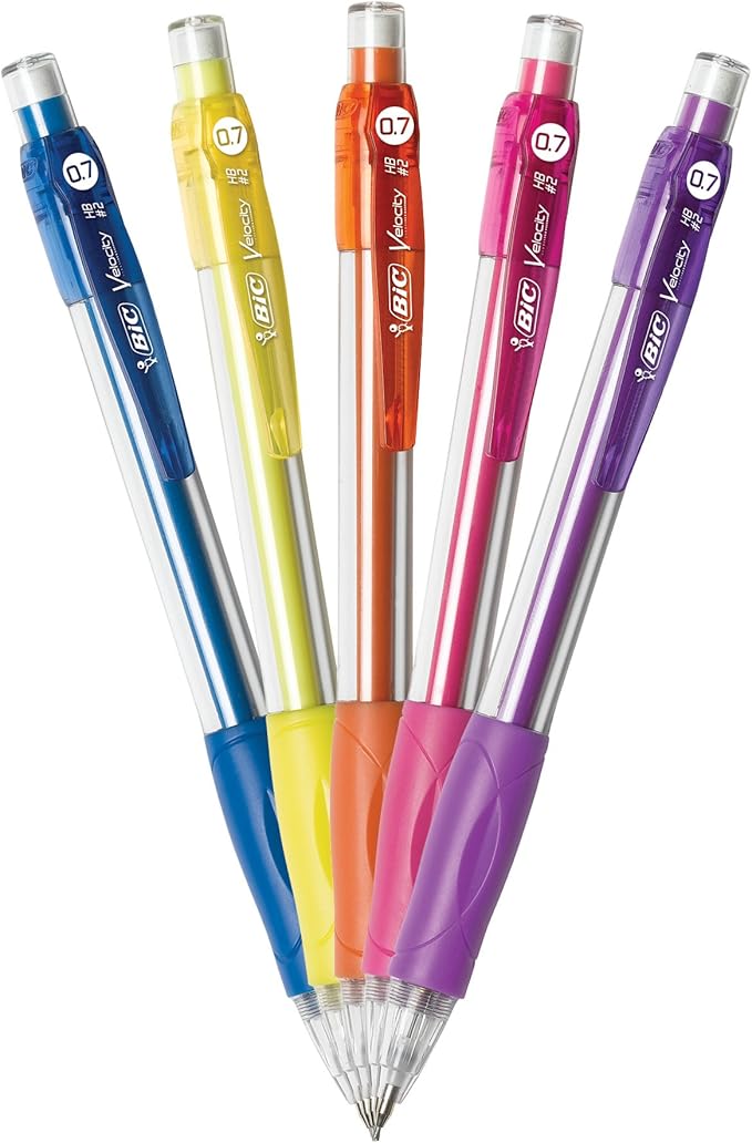 BIC Velocity Mechanical Pencils, With Colorful Barrel, Medium Point (0.7mm), 5-Count Pack Mechanical Pencils With Eraser and Lead Refills