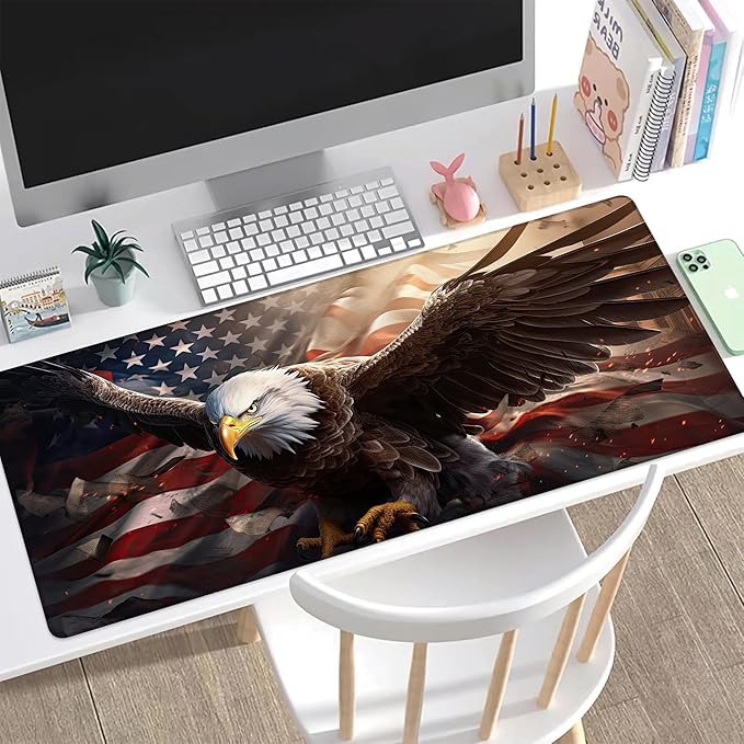 Desk Pad, American Flag and Bald Eagle XXL Gaming Mouse Pad with Stitched Edges,Non-Slip Waterproof Rubber Base Large Desk Mat for Keyboard and Mouse 35.4"x15.7"