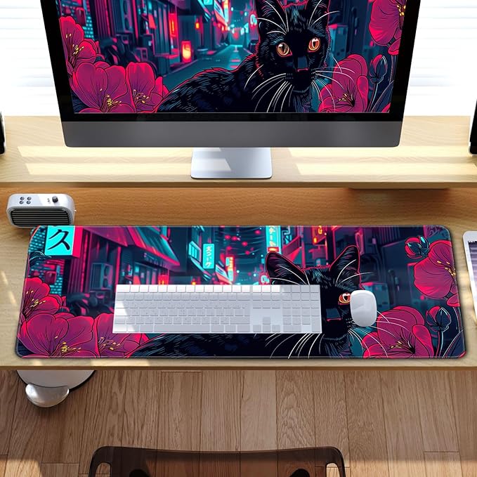 Japanese Black Cat Mouse Desk Pad Kawaii Red Anime Desk Mat Desk Decor Large Gaming Mouse Pad for Tokyo Neon Desk Mousepad Computer Office Keyboard Laptop Big Floral Mouse Pad Xl-31.5x11.8 in