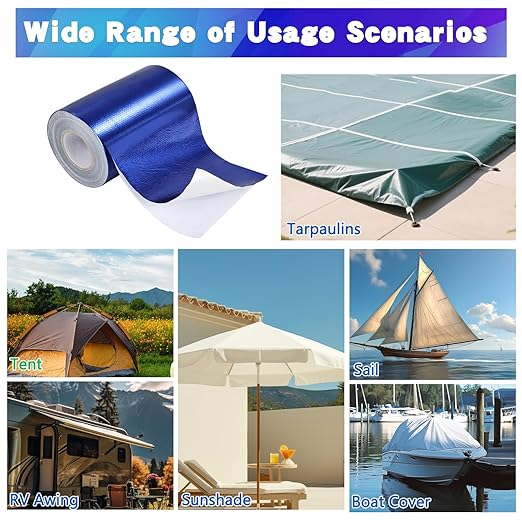 4.5Inch ร 40FT RV Awning Repair Tape with Scissors, Outdoor Heavy Duty Repair Tape for Tarp, Tent, Boat Cover, Canvas, Sail Tape, Waterproof, UVproof and Heat-resistant Tear Repair Pctch Kit (1, Blue)