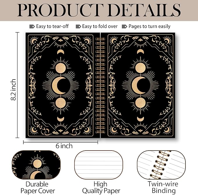 Black Witchy Moon Notebook Journal, Celestial Spiral Notebook, Moon Journal, Black and Gold MoonPhase Notebooks Gifts for Tarot Lovers Women Men, Witchy Gothic School Office Supplies, 6x8.2In