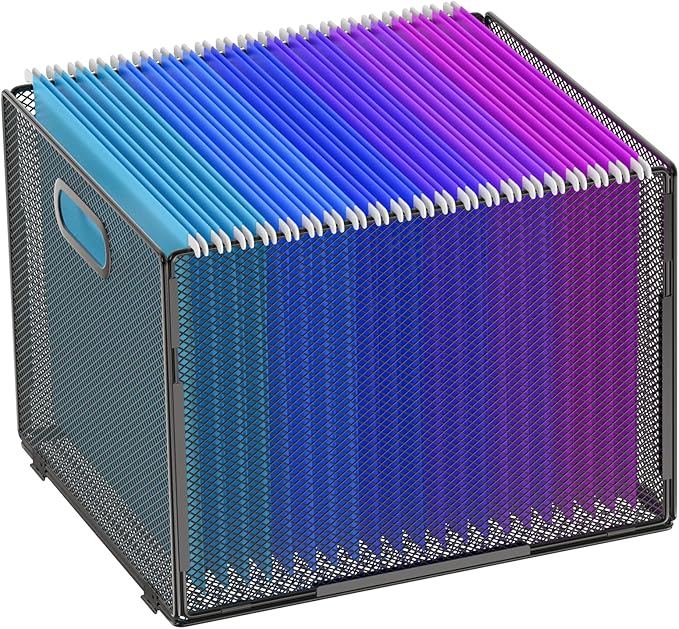 Hanging File Organizer, File Folder Organizer Mesh Hanging File Crate with Handle, File Box Storage Crate, File Basket for Office Home Letter Size, Black