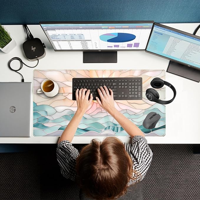 Desk Mat Gaming Desk Pad Large Mouse and Keyboard Pad, Abstract Serene Ocean Sunrise Mouse Mat XXL, Pastel Desk Protector Mat Computer Mats for Desktop Sun & Waves Office Decor 31.5" x 15.7"